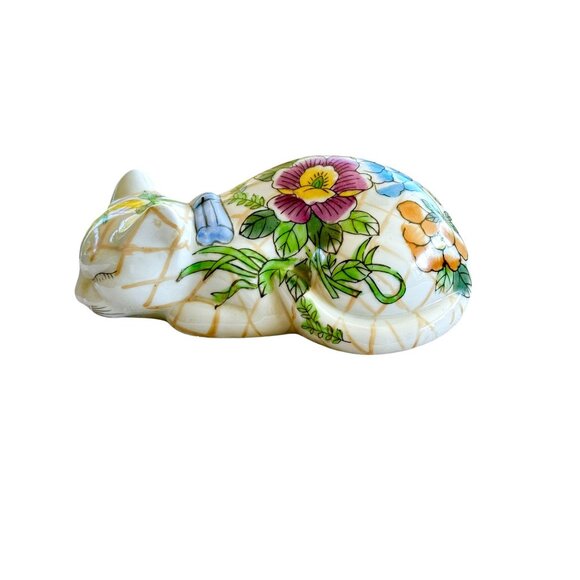 Decorative Hand-Painted Ceramic Cat Figurine With Floral Design - Picture 5 of 7